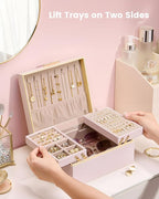 Lolalet Jewelry Box Organizer for Women Girls, 2 Layer Jewelry Organizers and Storage for Necklace Earrings Rings Bracelets, Large Jewellery Holder Case Birthday Valentine Gifts -Pink