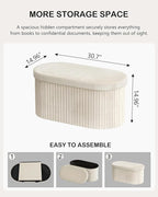 GLAXYFUR Oval Storage Ottoman Bench, Velvet Foot Rest, 30 Inch Folding Chest for Living Room, Bedroom, Beige