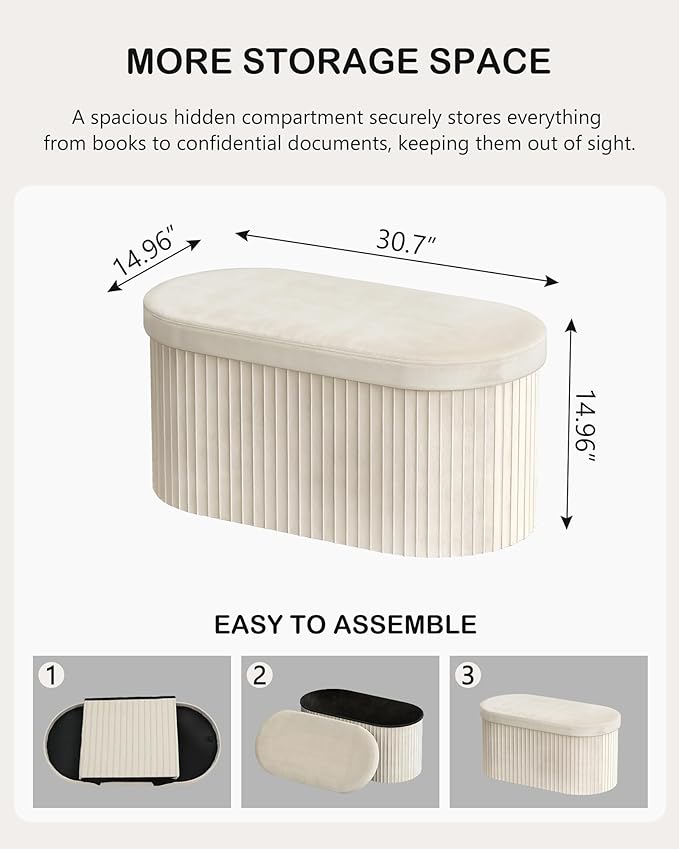 GLAXYFUR Oval Storage Ottoman Bench, Velvet Foot Rest, 30 Inch Folding Chest for Living Room, Bedroom, Beige
