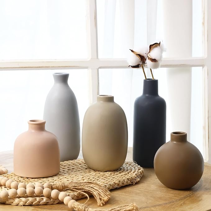 CUCUMI Ceramic Vase Set of 5, Home Decor Farmhouse Décor Handmade Pottery Vases for Pampas Grass, Dried Fresh Flowers, Table, Living Room, Kitchen, Shelf, Entryway Mantel Neutral Tones