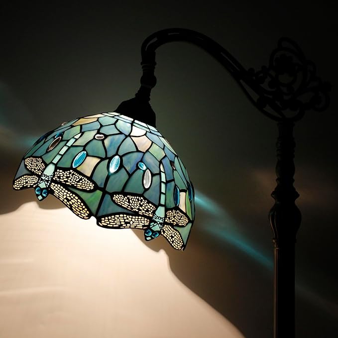 Tiffany Floor Lamp Sea Blue Stained Glass Dragonfly Style 12X12X67 Inch Angle Adjustable Arched Gooseneck Antique Reading Light