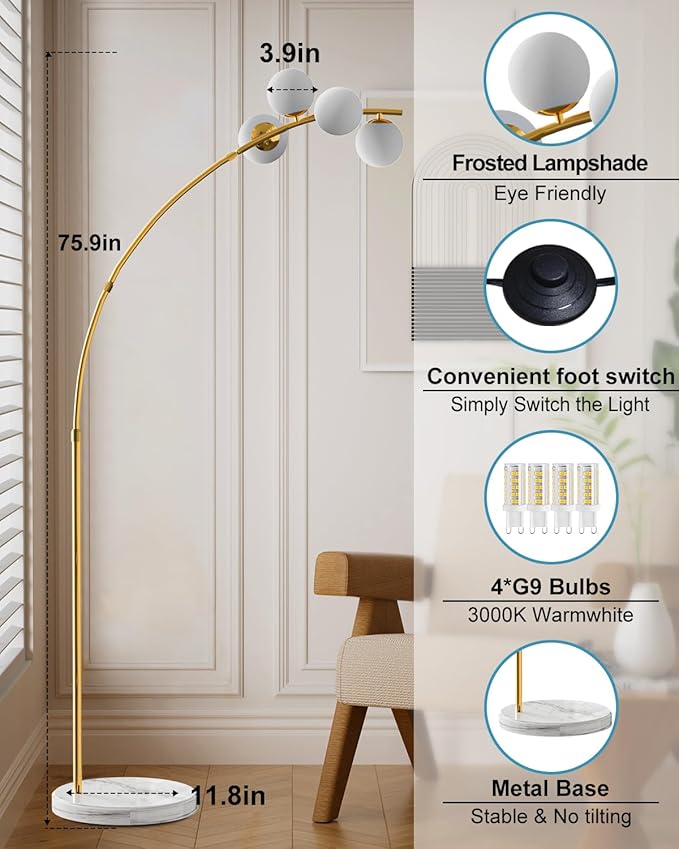 Lightdot 63IN Gold Floor Lamp 4-Lights Globe LED Floor Lamps with 3000K Soft Warm Golden for Wedding/Party, Modern Tall Lamp for Living Room/Bedroom/Sofa Beside/Corner Decor (Bulbs Included)