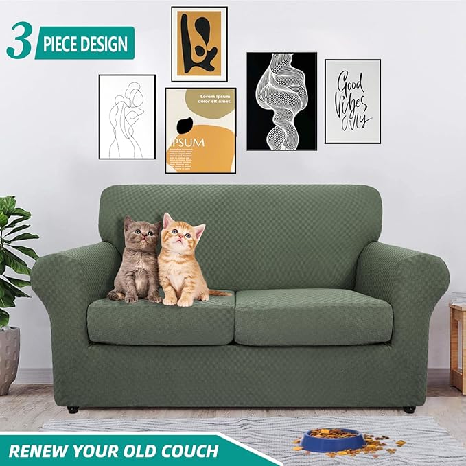 YEMYHOM Latest Checkered 3 Pieces Couch Covers for 2 Cushion Couch High Stretch Thickened Love Seat Sofa Cover for Dogs Pets Elastic Loveseat Slipcover Protector (Army Green), 55"-69"(2 Cushions)