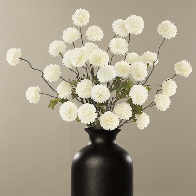 DuHouse 6pcs Artificial Flowers Faux Silk Pompon Mum,Artificial Kiku Flower White for DIY Wedding Bouquets Centerpieces Vase Home Table Kitchen Decorations(Ivory White)