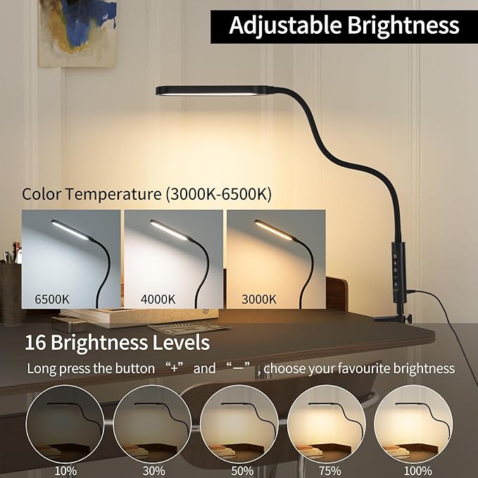Clamp on Lamp, LUJOLUMIN LED Desk Lamp, 18W, 3000 LMS, 3 Color Modes, 16 Brightness Levels, CRI>95, Reading Light, Eye-Caring Task Lamp with Remote for Reading, Office, Home (Adapter Included)