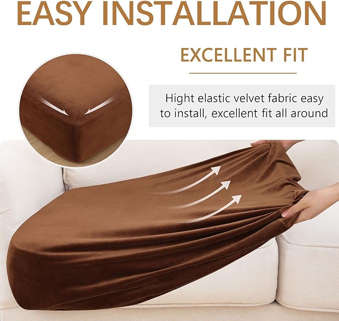 hyha Velvet Couch Cushion Covers, Soft Sofa Seat Covers for sectional 2 Cushion Couch Washable, Magic Sofa Slipcover with Elastic Bottom, Non-Slip Furniture Protector for Pets, Kid(Medium, Brown)