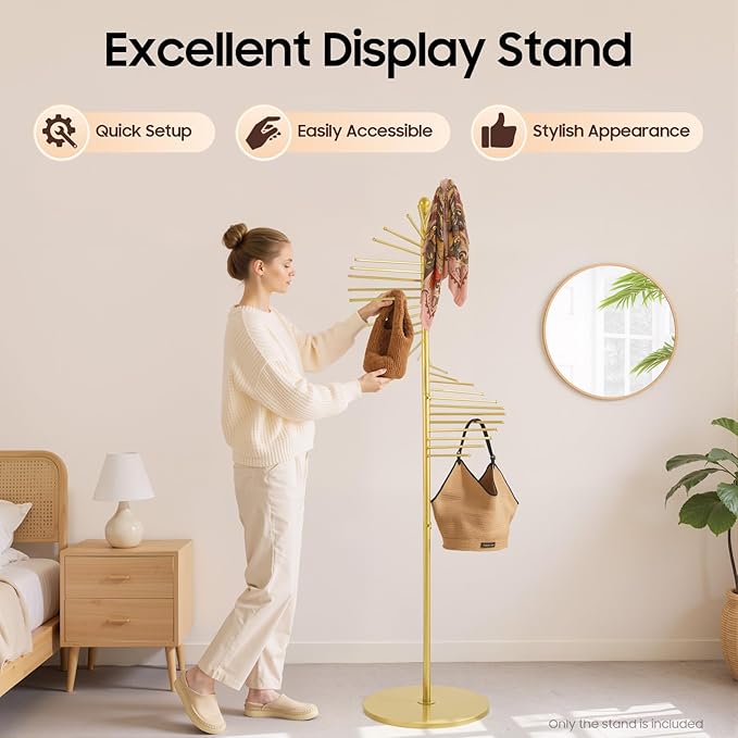 DYRABREST 67" Freestanding Scarf Organizer, Metal Spiral Scarf Holder with 30 Rods, Commercial Hijab Organizer Belt Pants Hanger for Clothing Store Home, Space Saving Shelves (Gold)
