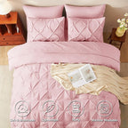 CozyLux King Size Comforter Set Pink, 7 Pieces Pintuck Bed in A Bag Pink Comforter King Size, Pinch Pleat Bedding Set with All Season Comforter, Sheets, Pillowcases & Shams