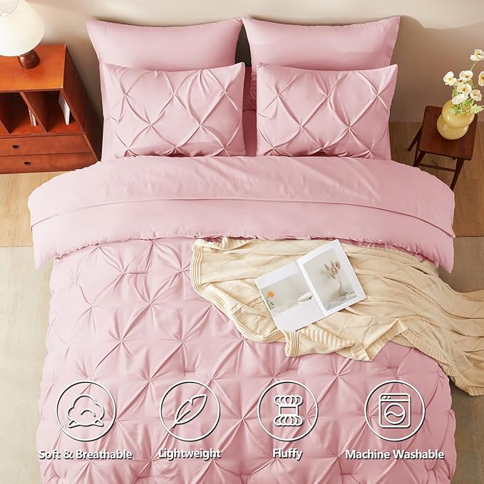 CozyLux King Size Comforter Set Pink, 7 Pieces Pintuck Bed in A Bag Pink Comforter King Size, Pinch Pleat Bedding Set with All Season Comforter, Sheets, Pillowcases & Shams