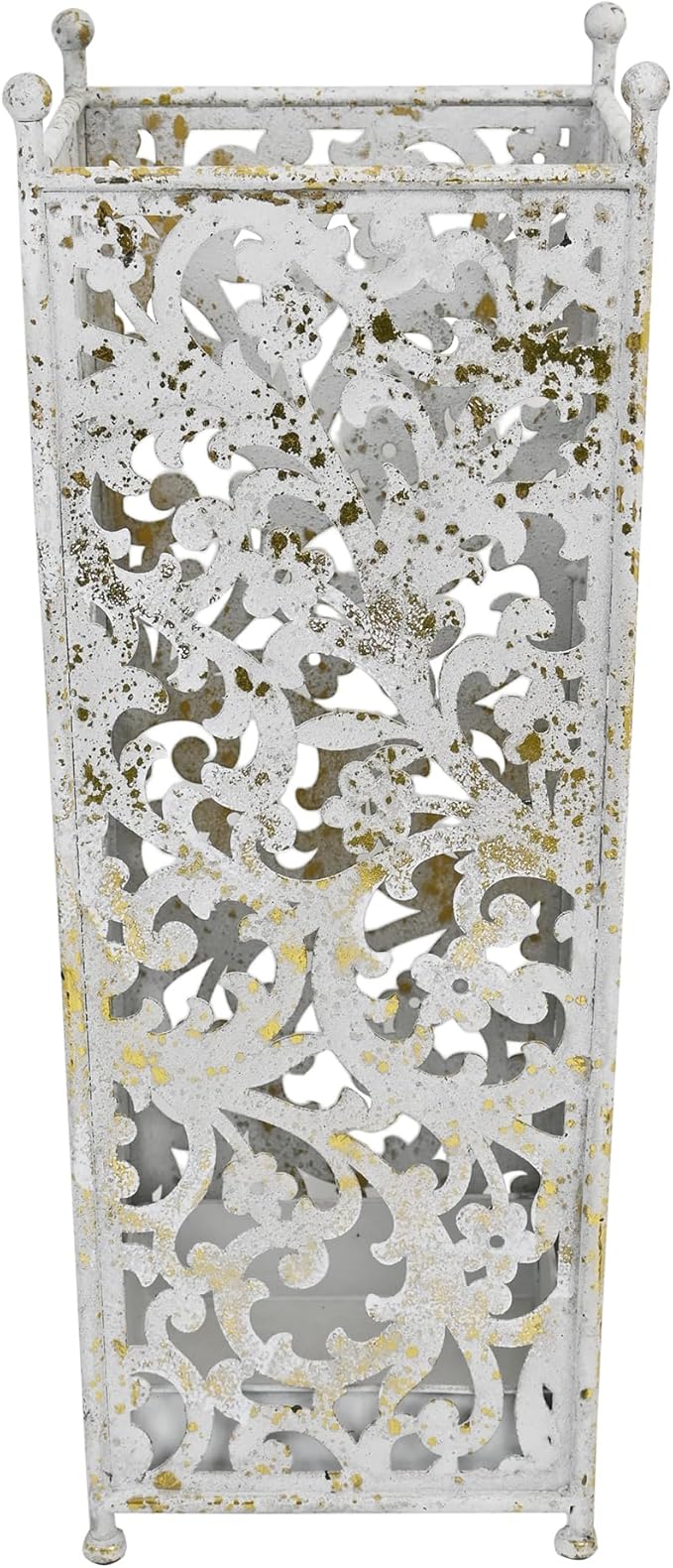 Vintage Metal Umbrella Holder Decorative Flower Design Square Umbrella Stands Entryway Organizer Bucket for Home/Office/Farmhouse - Holds Multiple Umbrellas, Walking Sticks & Canes (White)