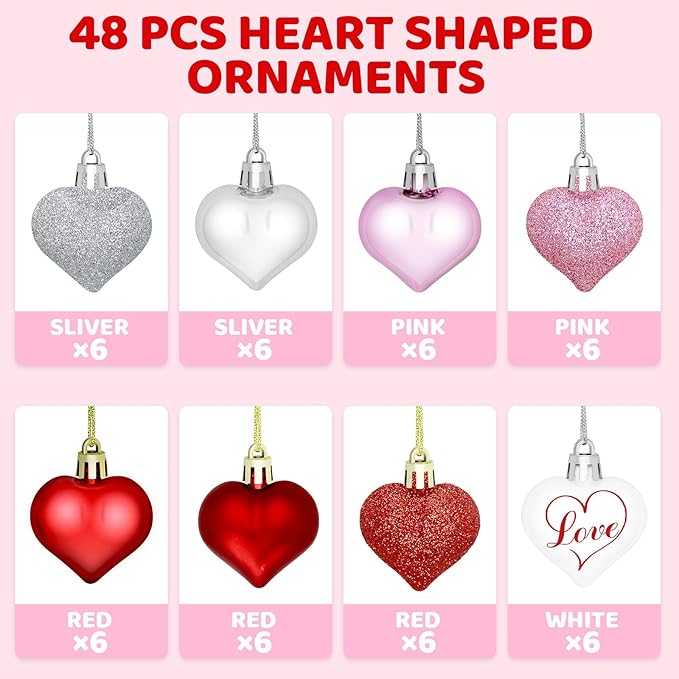 48 Pieces Valentine Heart Baubles Ornaments Valentine's Day Heart Shaped Ornaments for Decoration or Wedding Anniversary Party Supplies, 4 Colors in 8 Styles