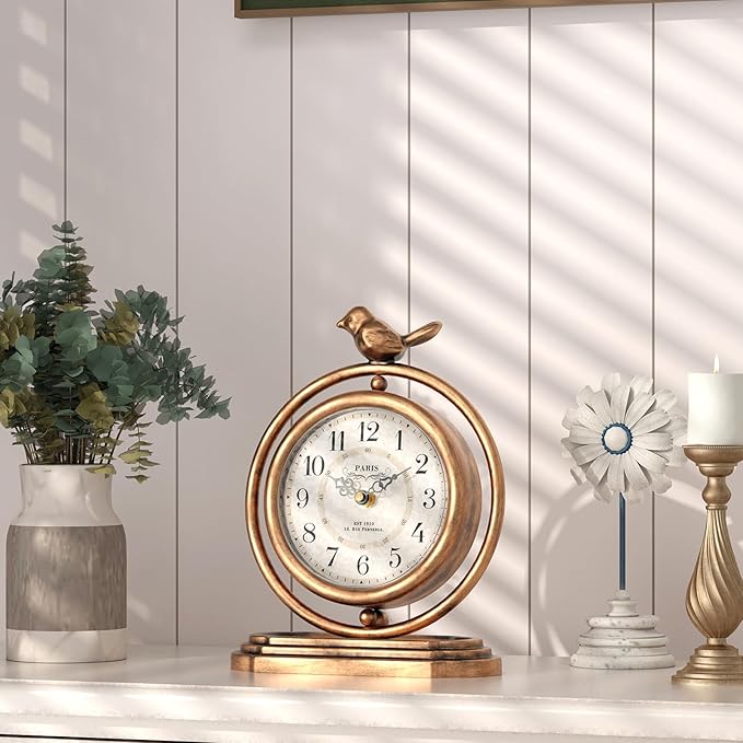 Gold Vintage Table Clock with Bird, European Retro Style Mantel Clocks, Desk and Shelf Decor Clock, for Living Room, Farmhouse, Bedside, Bedroom, Gift (7.9" H x 6.3" W)