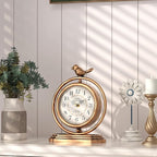 Gold Vintage Table Clock with Bird, European Retro Style Mantel Clocks, Desk and Shelf Decor Clock, for Living Room, Farmhouse, Bedside, Bedroom, Gift (7.9" H x 6.3" W)