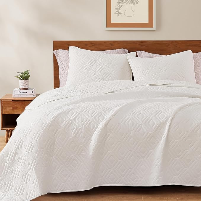 WRENSONGE Queen Quilt-3 Pieces Geometric White Bedspreads Queen Size Quilt Bedding Set for All Seasons,Soft Summer Coverlet with 2 Pillow Shams Suitable for Bed, Couch, Quilted Blanket