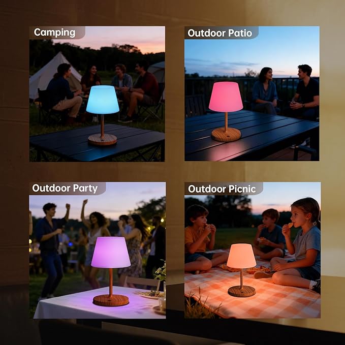 Waterproof Rechargeable Table Lamp - Portable Cordless Desk Lamp with 8 RGB Colors,4000mAh Outdoor Stepless Dimmable LED Night Light for Bedroom, Living Room,Camping Restaurant,Office (Wood Grain)