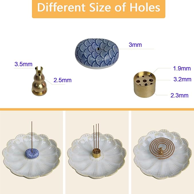 Ceramic Incense Holder Bowl with Brass Burner for Incense Sticks, 5.51 Inch Handmade Incense Burner Ash Catcher for Coil, Sage Cones, Palo Santo, Smudge Bowl for Yoga Meditation Room Décor (White)