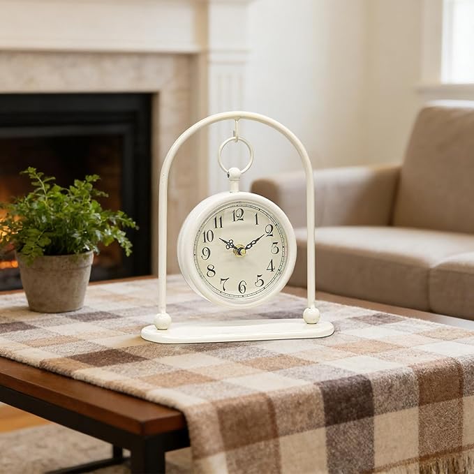Vintage Small Table Clock, Farmhouse Table Clock, Silent Non-Ticking Battery Operated Desk and Shelf Clocks for Living Room Bedroom Kitchen Home Decor-Cream