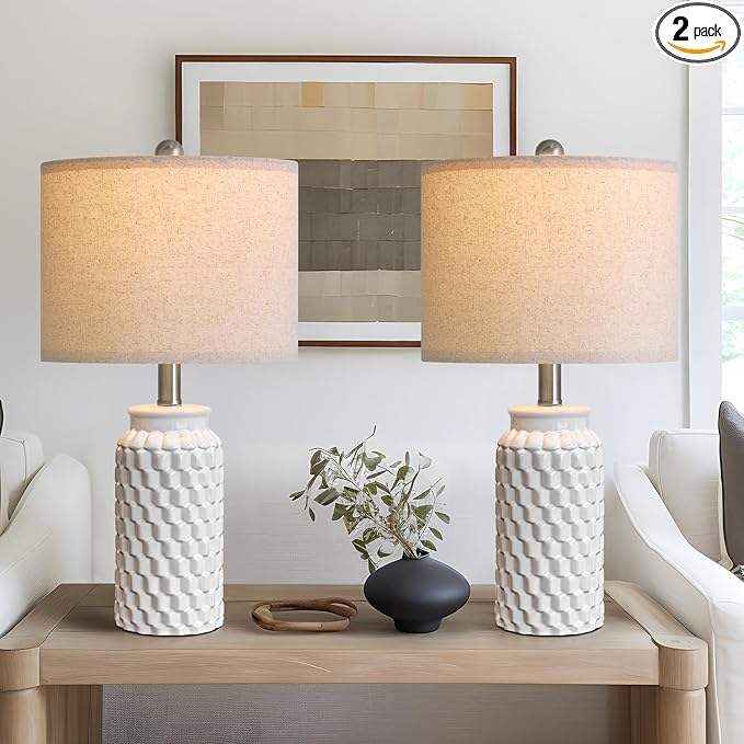 20.5" White Modern Ceramic Bedside Lamp Set of 2 for Bedroom Decor Farmhouse Table Lamp for Living Room Office Dorm