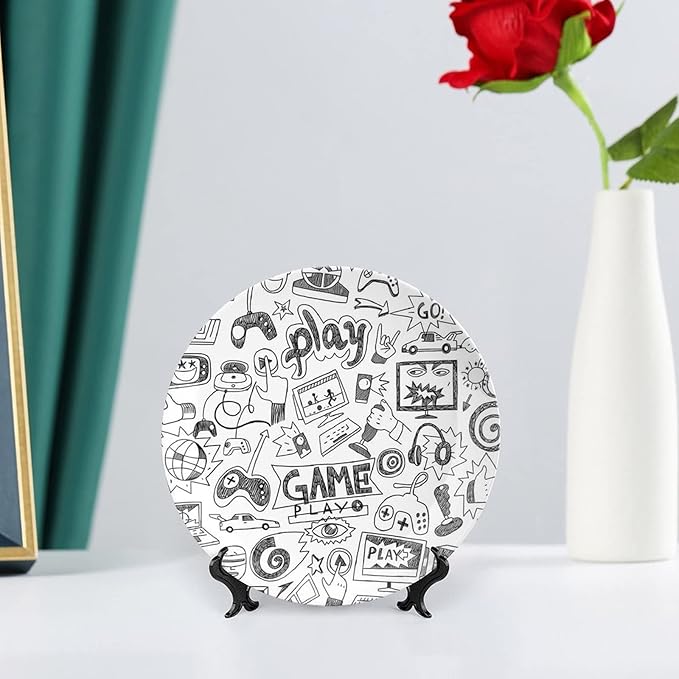 10 Inch Decorative Plate, Video Games Dinner Plate, Monochrome Sketch Style Gaming Design Print Ornament Display Plate for Fine Dining, Upscale Events, Dinner Parties, Weddings, Catering Christmas