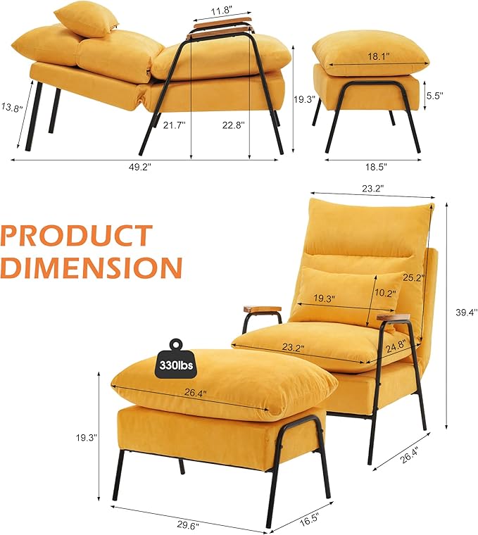 MCombo Accent Recliner Chair with Ottoman, Modern Linen Fabric Armchair, Upholstered Sofa Bed for Living Room Bedroom, Small Space 4055 (Yellow)