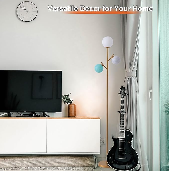 Fiqevs Contemporary 3 Head Gold Globe Floor Lamp with 3 Multicolored Sphere Shades and Bulbs Included, Standing Tree Lamp for Kids Bedroom Playroom Living Room Office