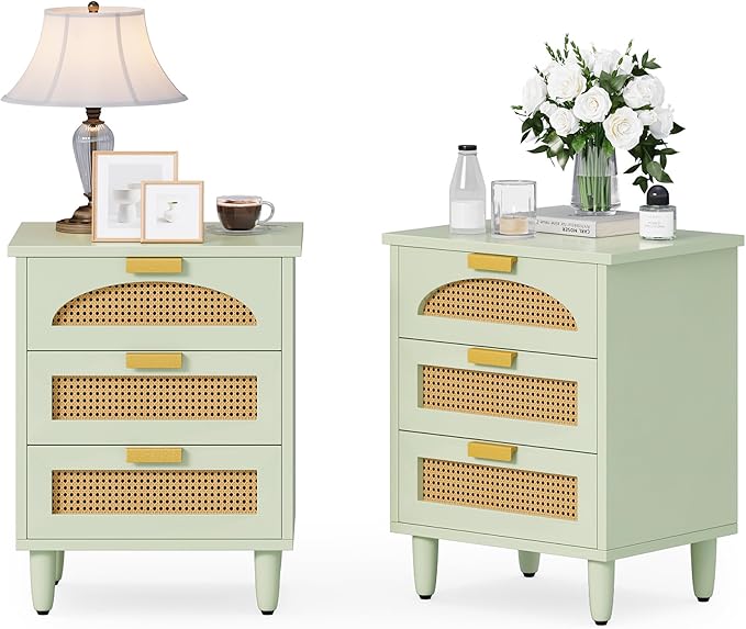 LITTLE TREE Rattan Nightstand Set of 2, Mint Green End Table with 3 Drawers for Couch, Wooden Bedside Table for Living Room, Bedroom, Easy Assembly