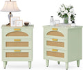 LITTLE TREE Rattan Nightstand Set of 2, Mint Green End Table with 3 Drawers for Couch, Wooden Bedside Table for Living Room, Bedroom, Easy Assembly