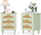 LITTLE TREE Rattan Nightstand Set of 2, Mint Green End Table with 3 Drawers for Couch, Wooden Bedside Table for Living Room, Bedroom, Easy Assembly