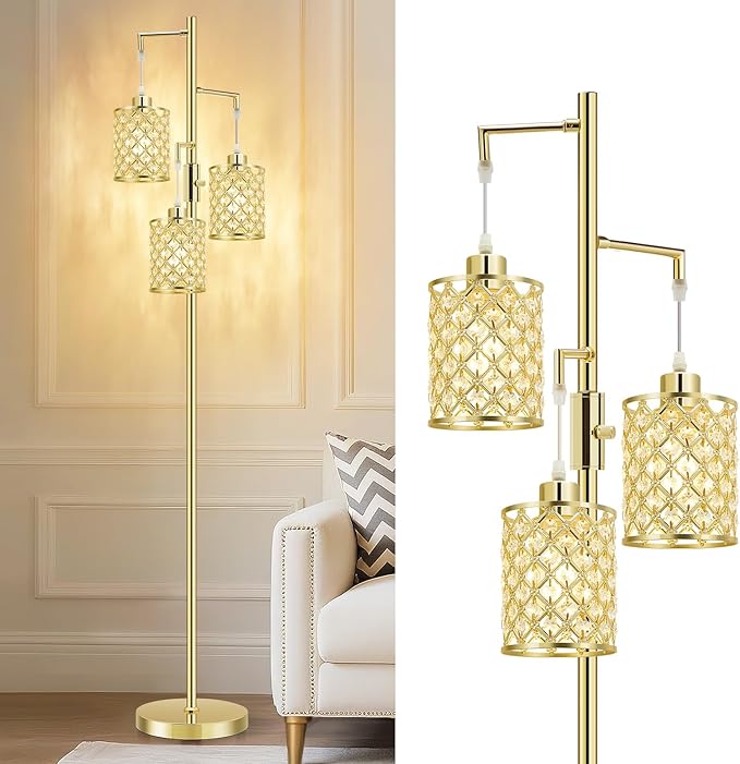 GyroVu Morden Gold Crystal Floor Lamps for Living Room, 3-Light Standing Tall Lamp with Elegant K9 Crystal Shade & Rotary Switch, Modern Corner Floor Lamp for, Bedroom, Home Office, Reading