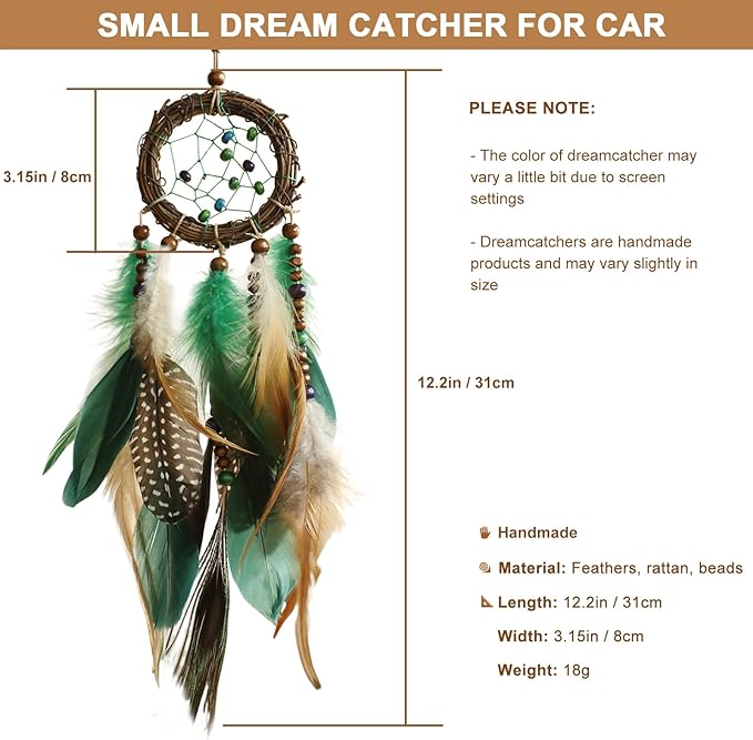 Mini Dream Catcher for Car Rear View Mirror Accessories - Handmade Small Green Dreamcatchers Boho Car Charm Interior Native Ameican Indian Ornament Room Decor