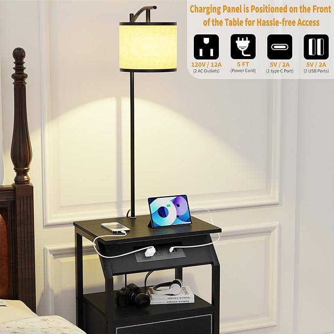 End Table with Floor Lamp, Nightstand with Charging Station, Floor Lamp Table with 3-Color Temperature Bulb, Bedside Table Night Stand with 2 Drawers for Bedroom, Living Room, Black