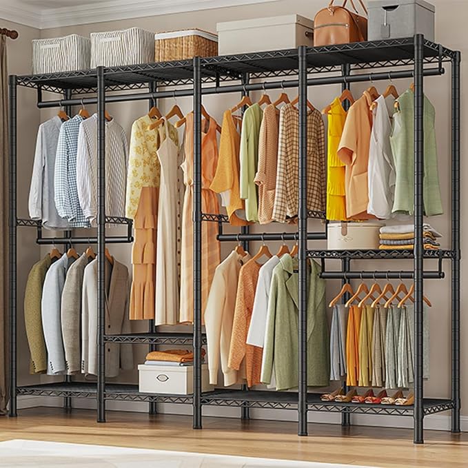 Raybee Clothes Rack for Hanging Clothes,Clothing Rack with Shelves,Portable Closet,Adjustable,76" W x 77" H x 18" D,Max Load 1150lbs,Black