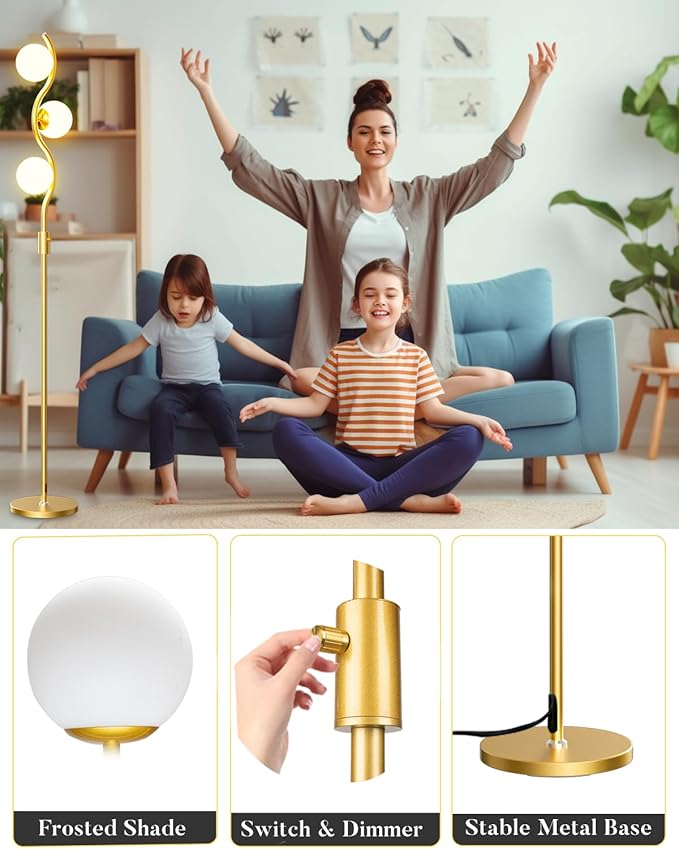 Lightdot 60IN Gold Floor Lamp Stepless Dimmable Globe Floor Lamps with 3Pcs 3000K Bulbs Included Eye-Friendly Mid Century Standing Lamps for Living Room/Bedroom/Sofa Beside/Corner Decor