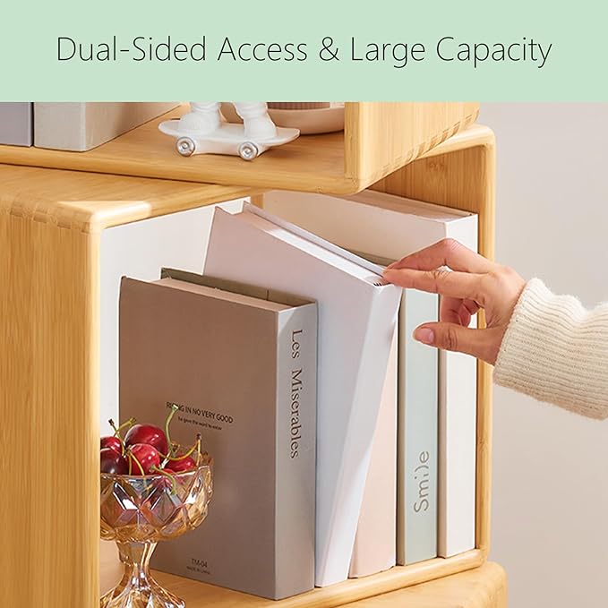 2-Tier Modern Rotating Bamboo Bookcase, DIY Free-Standing Bookshelf Large Capacity Creative Open Book Cabinet, 2 in 1 Nightstand Storage Organizer Lattice Shelf for Home, Office, Living Room, 2-Cube