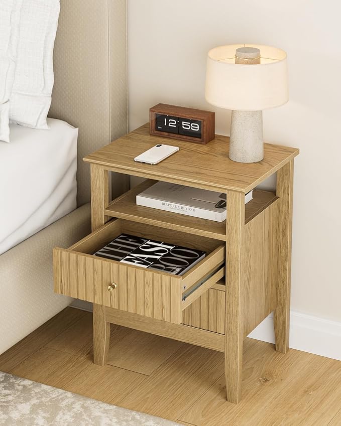 Fluted Nightstand, Farmhouse Night Stand with 2 Drawers, Mid Century Modern Side Accent Table,Bedside End Table for Bedroom, Living Room, Yellow Oak