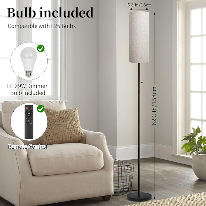 Floor Lamp for Living Room, Modern Standing Lamps with Lampshade, Minimalist Tall Lamp with Chain Switch for Living Room, LED Bulb Included (Beige Shade-RGB Bulb)
