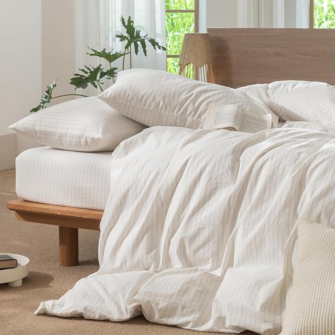 MooMee Striped Duvet Cover Set 100% Washed Cotton Linen Like Textured Breathable Durable Soft Comfy (White Almond Milk Grey Wide Stripes, Queen 90"x90")