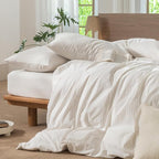 MooMee Striped Duvet Cover Set 100% Washed Cotton Linen Like Textured Breathable Durable Soft Comfy (White Almond Milk Grey Wide Stripes, Oversized Full 82"x86")