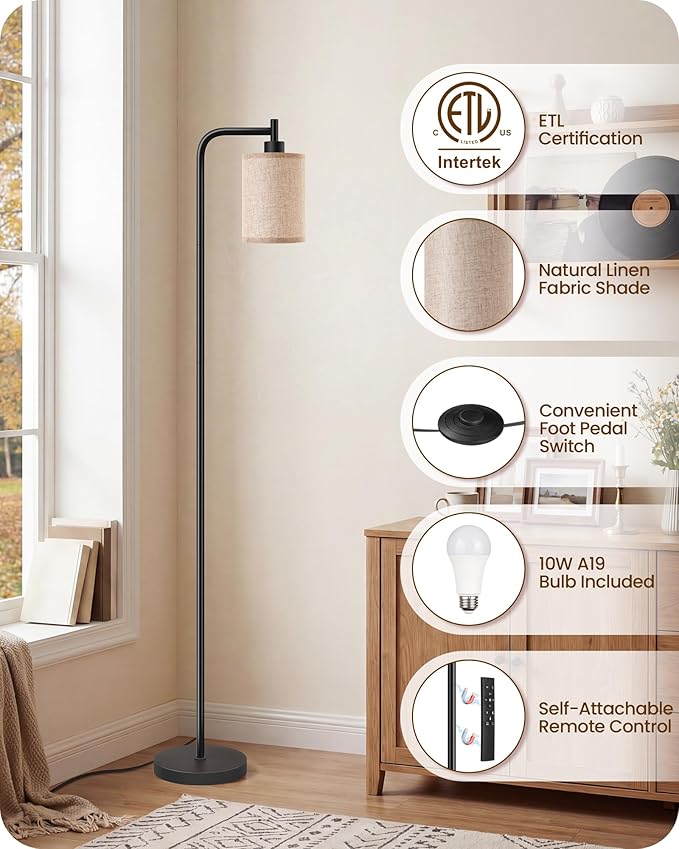 Dimmable Floor Lamp for Living Room with Remote and Foot Switch, Modern Standing, Corner Lamp,10W Bulb 3 Color Temperatures, for Bedroom, Office, Corner, ETL Listed, Black and Beige E19LD05