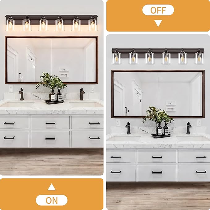6 Light Modern Bathroom Light Fixtures Over Mirror, Bronze Finish Vanity Lights for Bathroom Wall Sconces with Clear Glass Shades, E26 Socket (Bulbs Not Included)