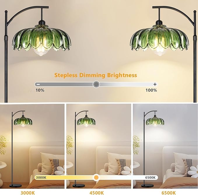 Glass Floor Lamp for Living Room,Bedroom,Gold Dimmable Standing Lamp with Remote,Mid Century Modern Brass Tall Lamp Boho Vintage Retro Floor Lamps Arc Green Flower Floor Light Lamp Bohemian