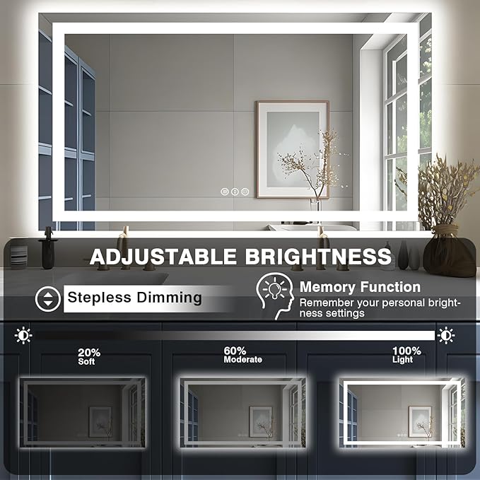 55"x30" LED Bathroom Mirrors for Wall, Front and Backlit Mirror, Anti-Fog Vanity Mirror with Lights, Stepless 3 Colors Dimmable Lighted Mirror(Horizontal/Vertical)