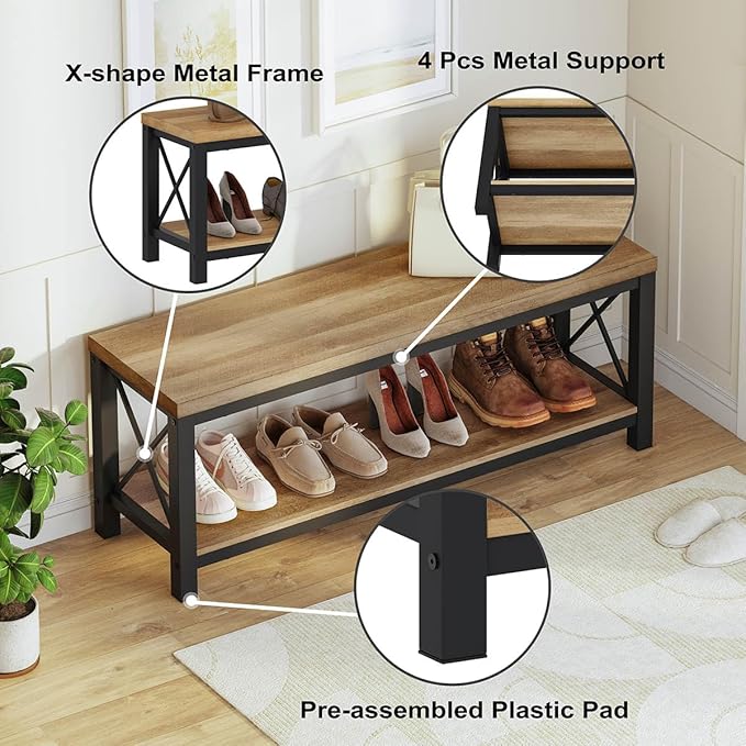 BON AUGURE Entryway Bench for Mudroom, Modern Wood and Metal Storage Bench, Farmhouse Shoe Entry Benches for Bedroom, Hall (47 inch Wide, Vintage Oak)