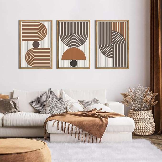 DRACIT Mid Century Boho Modern Wall Art Set Abstract Geometric Wooden Wall Decor Minimalist Line Neutral Artwork Mid Century Wood Art Decor for Living Room Bedroom Office-16x24Inch x3