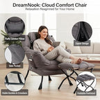 Lazy Chair with Ottoman, Modern Accent Chair with Lumbar Pillow, Dark Grey Sofa, Lounge Chairs with Folding Footrest, Oversized Supportive Chairs for Bedroom, Reading