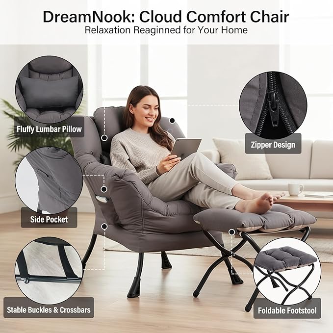 Lazy Chair with Ottoman, Modern Accent Chair with Lumbar Pillow, Dark Grey Sofa, Lounge Chairs with Folding Footrest, Oversized Supportive Chairs for Bedroom, Reading