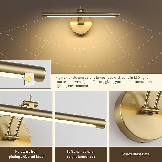 Picture Light Dimmable Hard Wired 15.75 Inch Adjustable Swing Arm Brass Wall Lights for Pictures Led Display Light for Artwork 7W Warm White