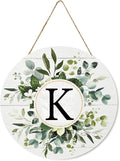 Smile Monogram Letter K Wreaths Wooden Welcome Sign, Family Last Name Initial Front Door Wall Decoration, Floral Spring Summer Porch Rustic Home Kitchen Decor