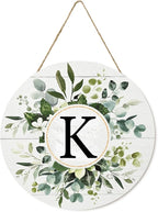 Smile Monogram Letter K Wreaths Wooden Welcome Sign, Family Last Name Initial Front Door Wall Decoration, Floral Spring Summer Porch Rustic Home Kitchen Decor
