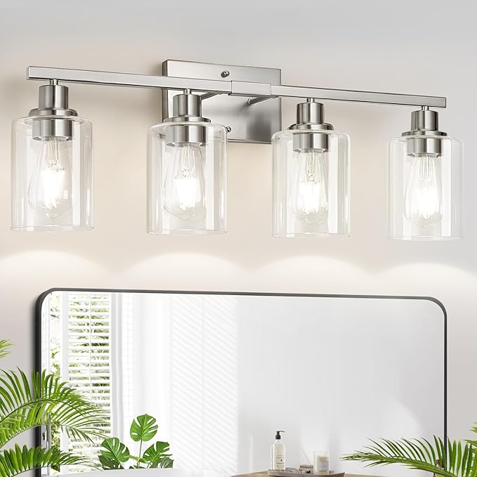 4-Light Bathroom Light Fixtures, Vanity Light with Clear Glass Shades, Brushed Nickel Bathroom Light Fixtures Over Mirror, Modern Bathroom Wall Lamp for Mirror Living Room Cabinet Bedroom